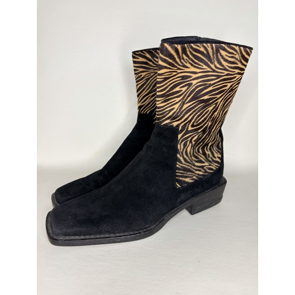 Stuart Weitzman Black Suede & Tan Zebra Print Ankle Boots